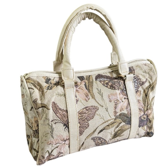 Vintage Tapestry Embroidered Beige Floral Butterfly Shoulder Bag - Picture 1 of 14